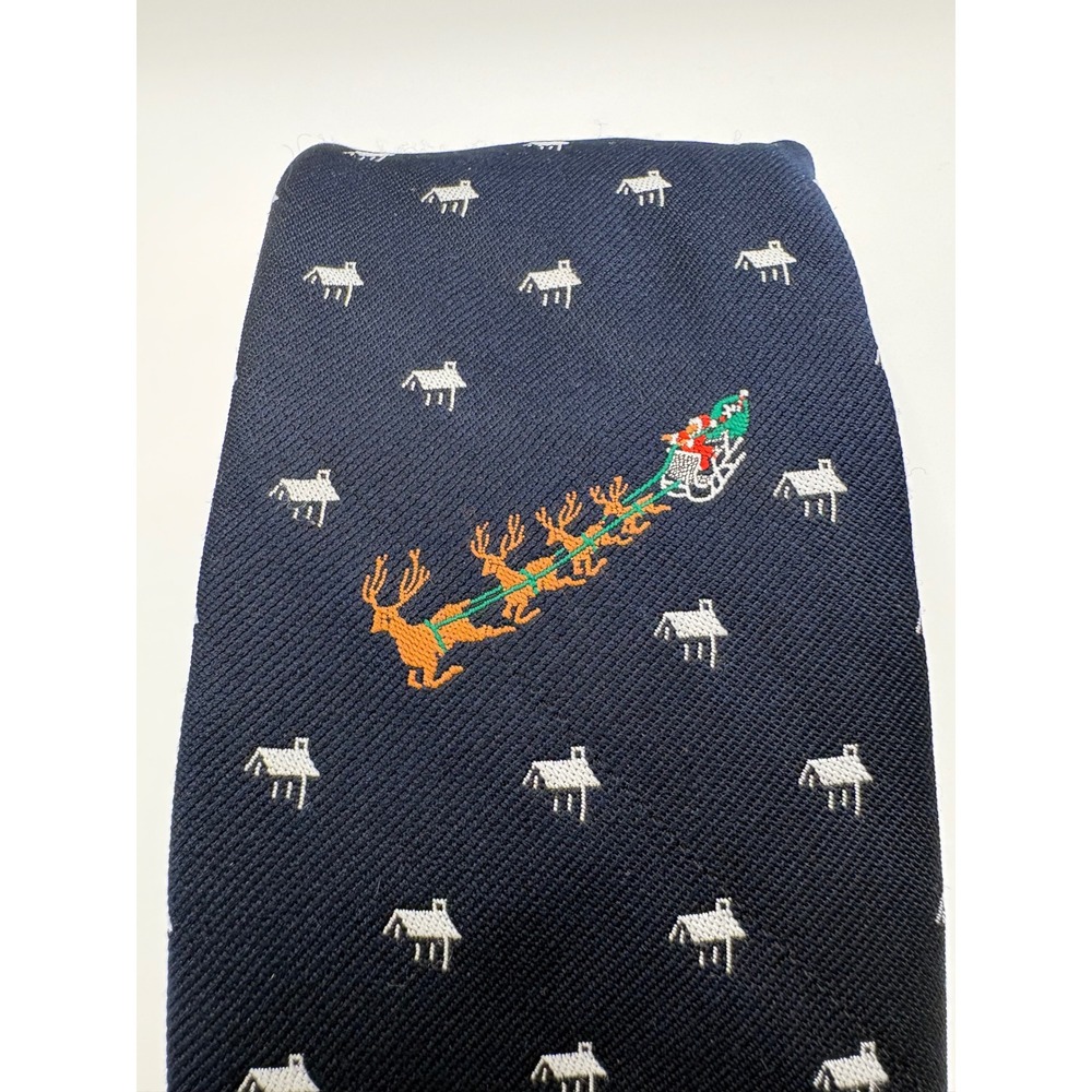 Vintage Alynn Neckwear Christmas Santa Sleigh Navy Blue Novelty Tie 1982 Mens